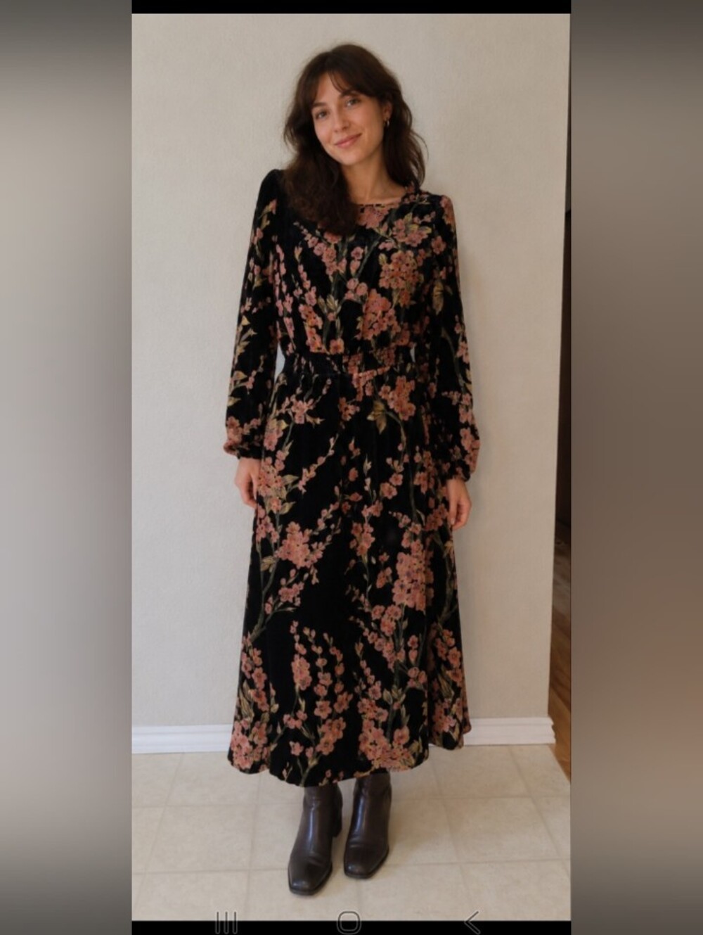 Coldwater Creek Black Velvet Midi Dress with Pink Floral Print size 6